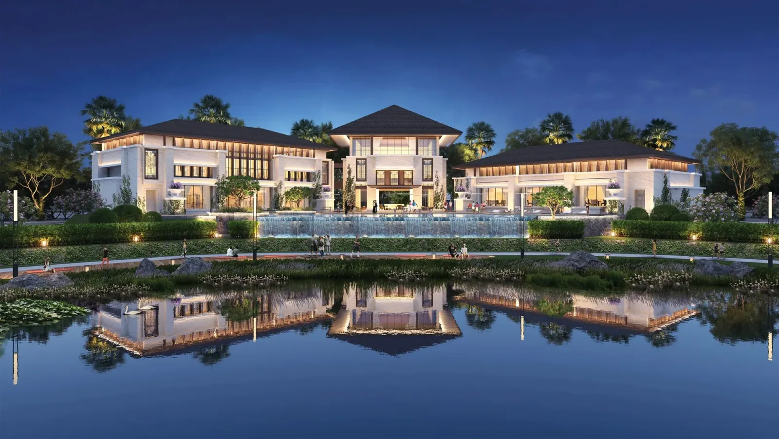Ilustrasi clubhouse The Club di tepi danau pada malam hari