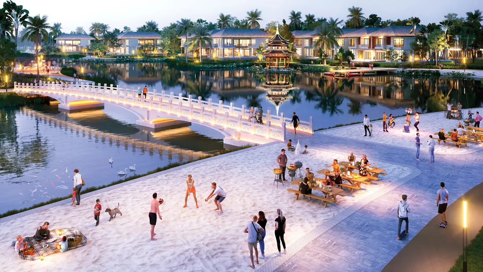 Ilustrasi promenade tepi danau Pasir Putih Residences saat senja